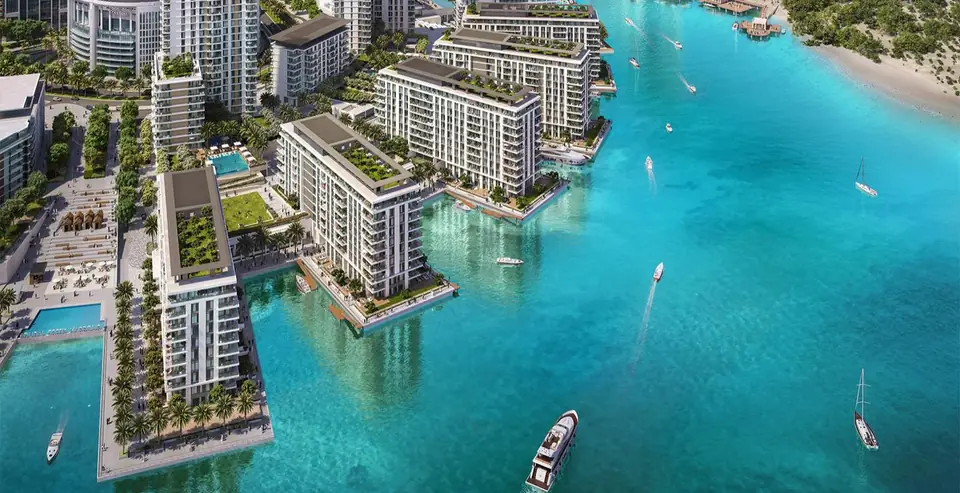 Creek Beach and the marina from the air — render (Emaar)