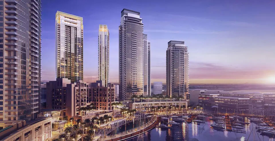 Dubai Creek Residences — the marina promenade at dusk, render (Emaar)