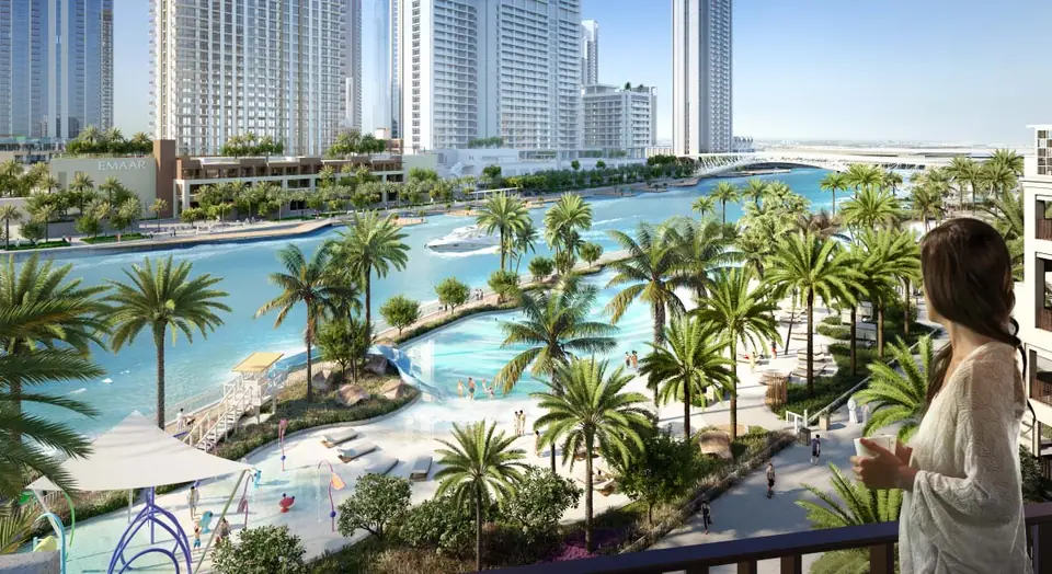 Grove — balcony view over the lagoon and beach, render (Emaar)