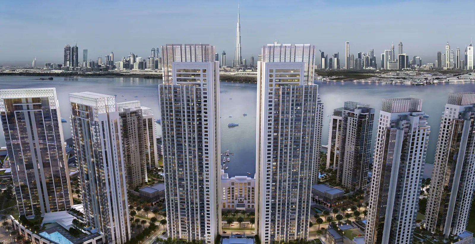 Harbour Views — the twin towers over the Creek with the Downtown skyline, render (Emaar)