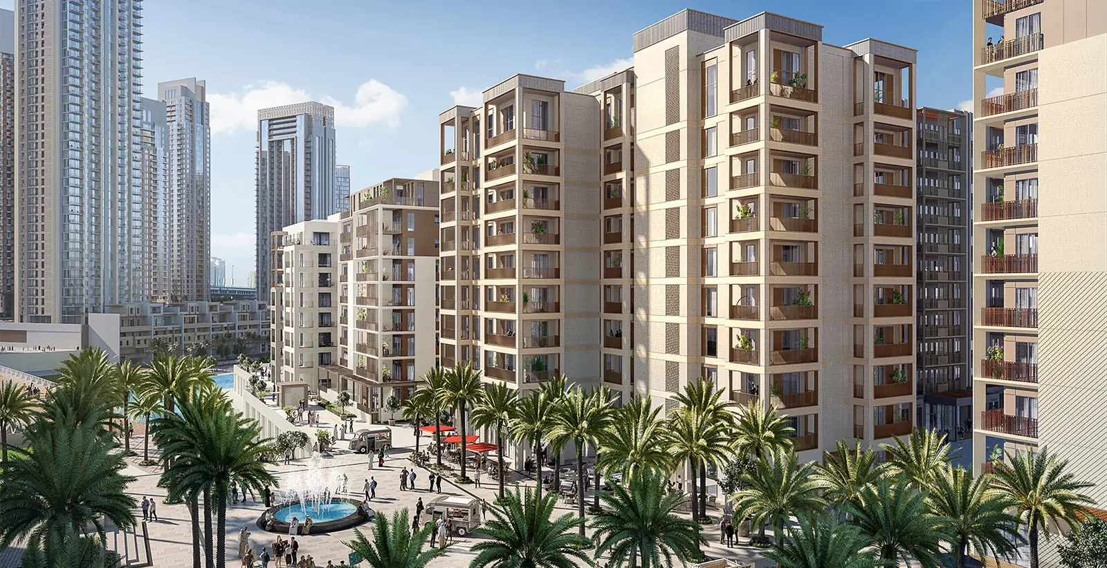 Lotus — the low-rise buildings around the pool plaza at Creek Beach, render (Emaar)