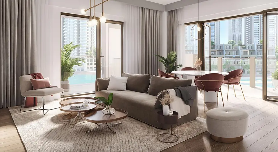 Lotus — living room opening onto the balcony, render (Emaar)