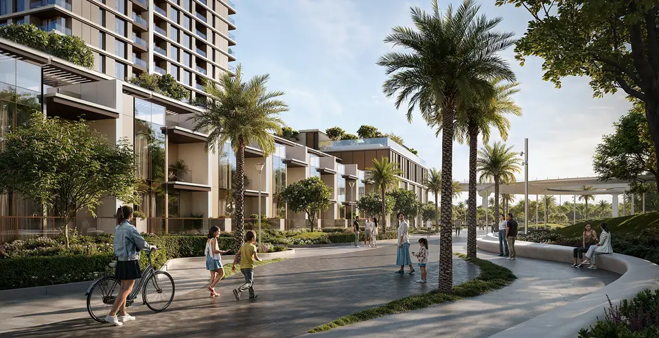 Lyvia by Palace — the palm-lined street at the podium, render (Emaar)