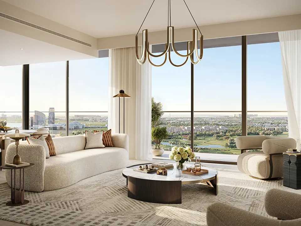 Lyvia by Palace — living room with parkland views, render (Emaar)