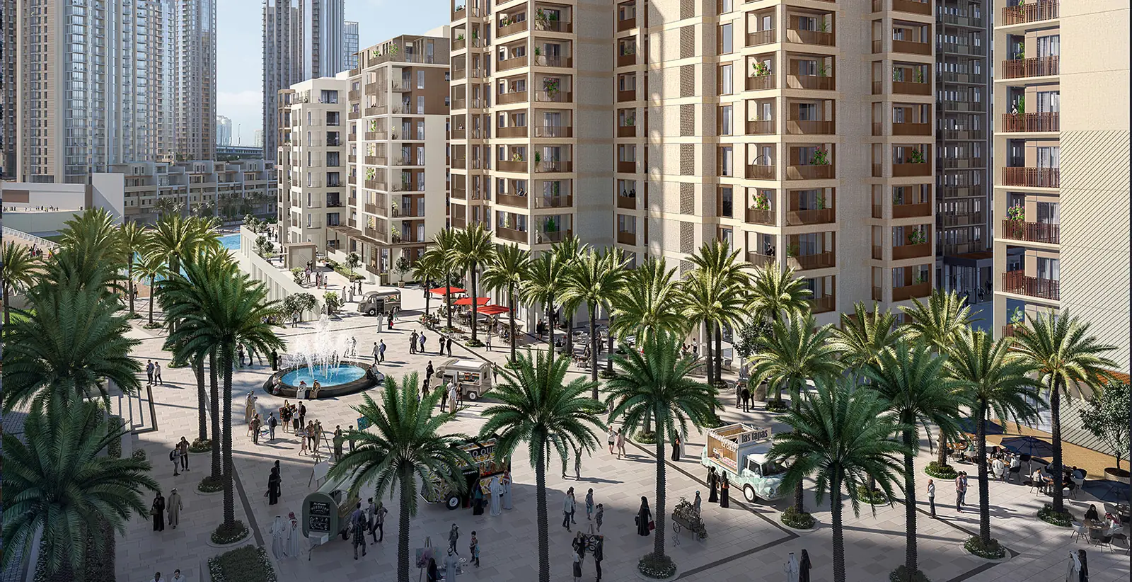 Mangrove — the neighbourhood plaza and palm-lined street, render (Emaar)