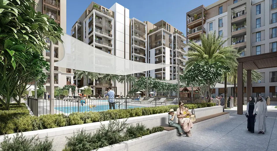 Mangrove — residents' pool under a shade canopy, render (Emaar)