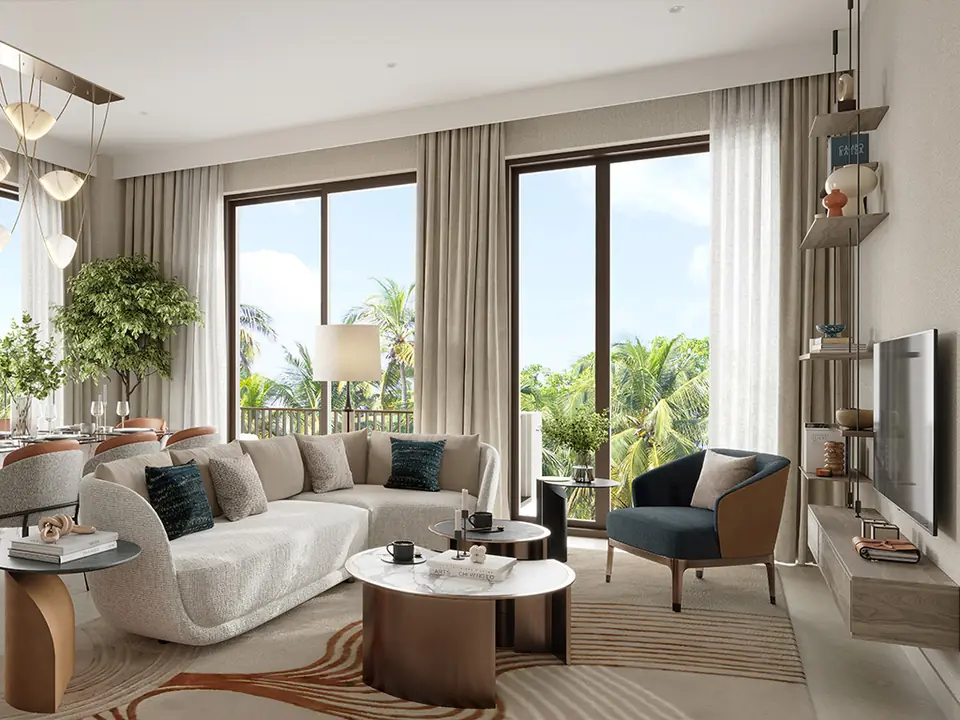 Mangrove — living room with garden views, render (Emaar)