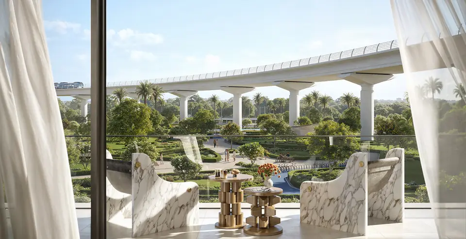 Montiva by Vida — balcony over the park with the Blue Line viaduct, render (Emaar)