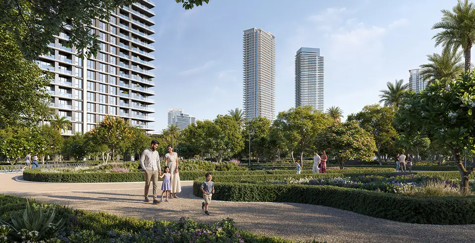 Montiva by Vida — the community park beneath the towers, render (Emaar)