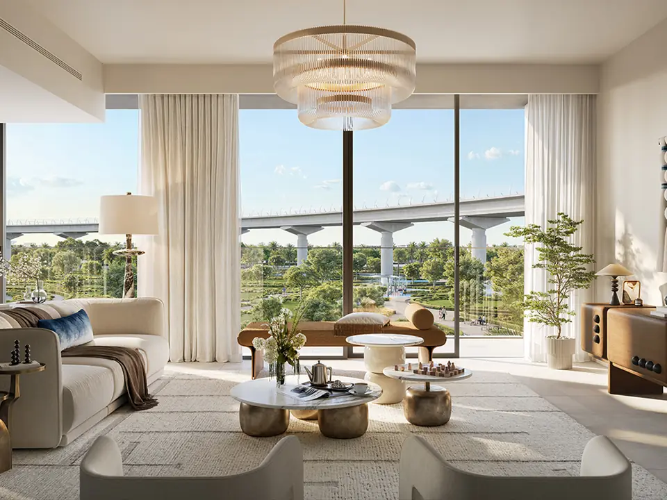 Montiva by Vida — living room with park views, render (Emaar)