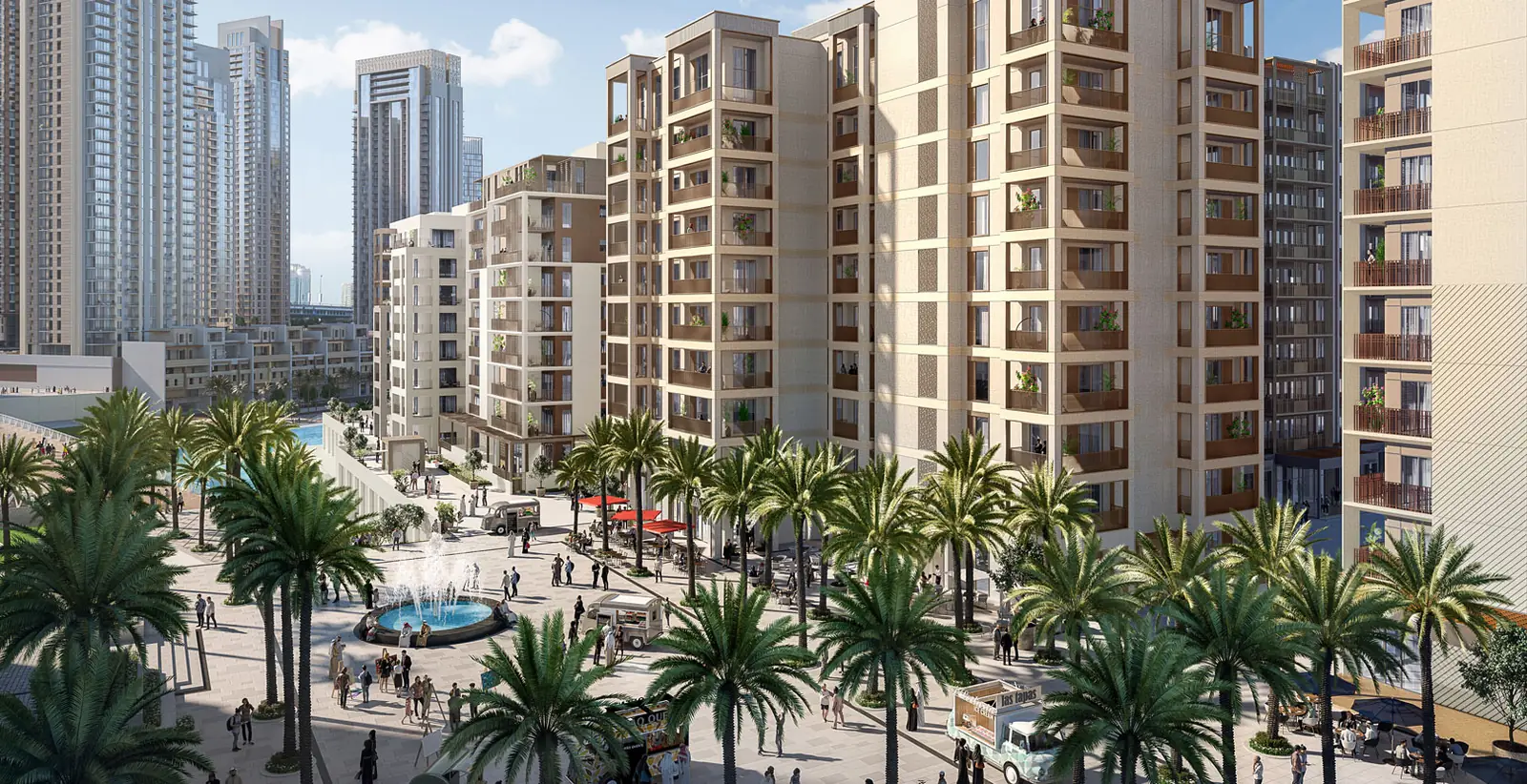 Orchid — the low-rise buildings around the plaza at Creek Beach, render (Emaar)