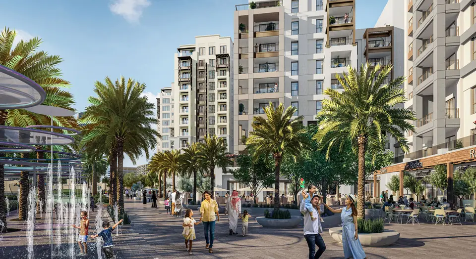 Orchid — the plaza fountains and cafés, render (Emaar)
