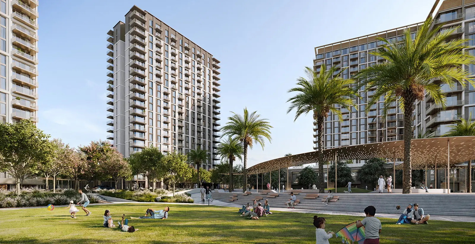 Oria — the two towers above the community lawn, render (Emaar)