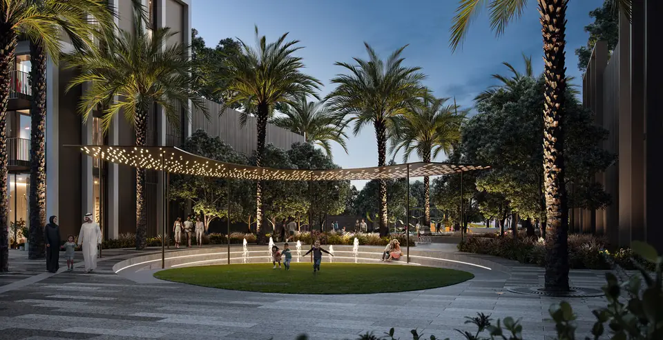 Oria — courtyard fountain at dusk, render (Emaar)