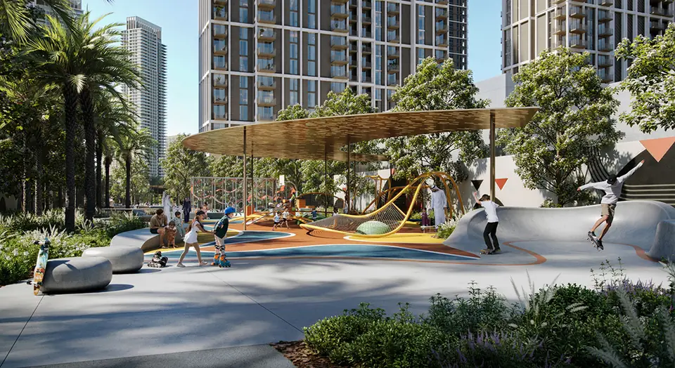 Oria — shaded playground beside the towers, render (Emaar)