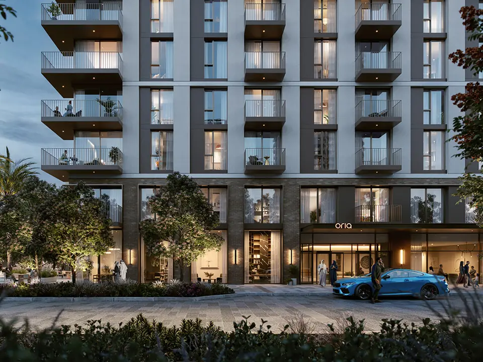 Oria — residents' entrance in the evening, render (Emaar)