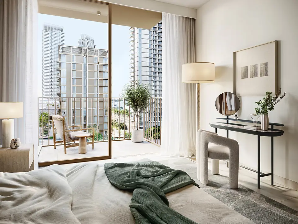Oria — bedroom with a view of the neighbouring towers, render (Emaar)