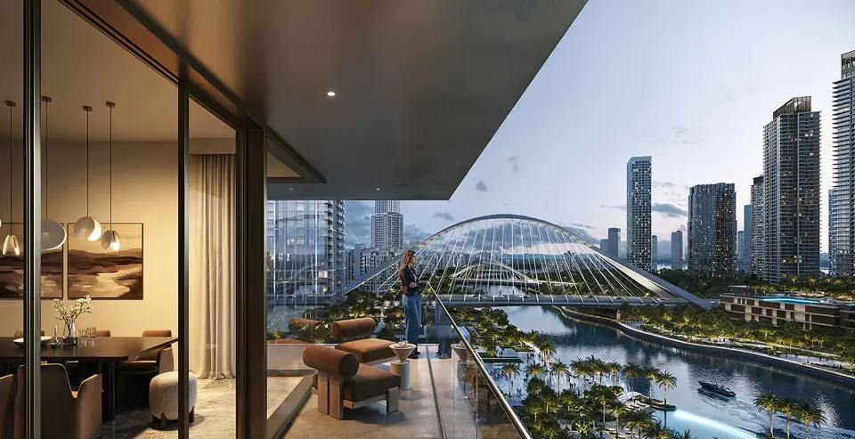 Palace Residences Creek Blue — terrace over the Creek facing the Creek Island bridge, render (Emaar)