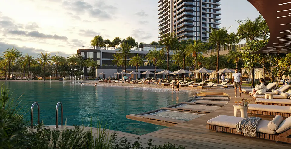 Palace Residences Creek Blue — the beach pool beneath the tower, render (Emaar)