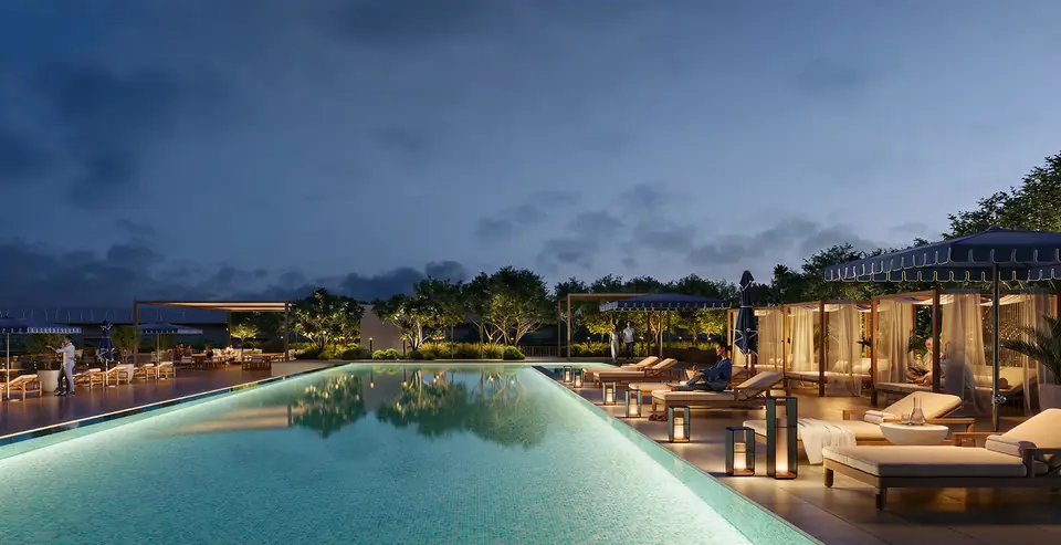 Palace Residences Creek Blue — the pool at dusk, render (Emaar)
