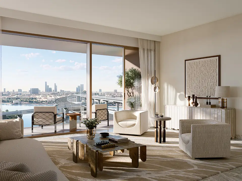 Palace Residences Creek Blue — living room facing the bridge, render (Emaar)