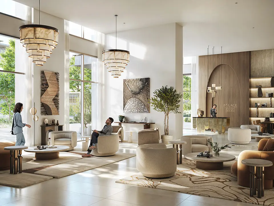 Palace Residences Creek Blue — residents' lobby, render (Emaar)