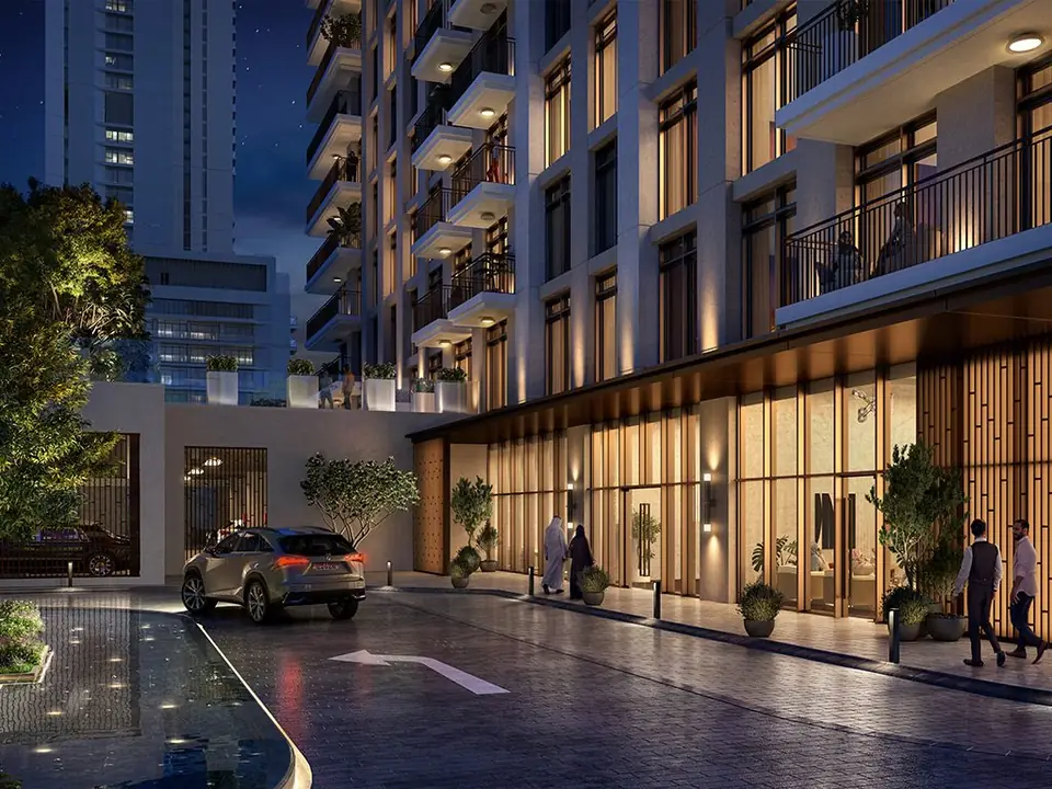 Palace Residences North — the residents' entrance at night, render (Emaar)