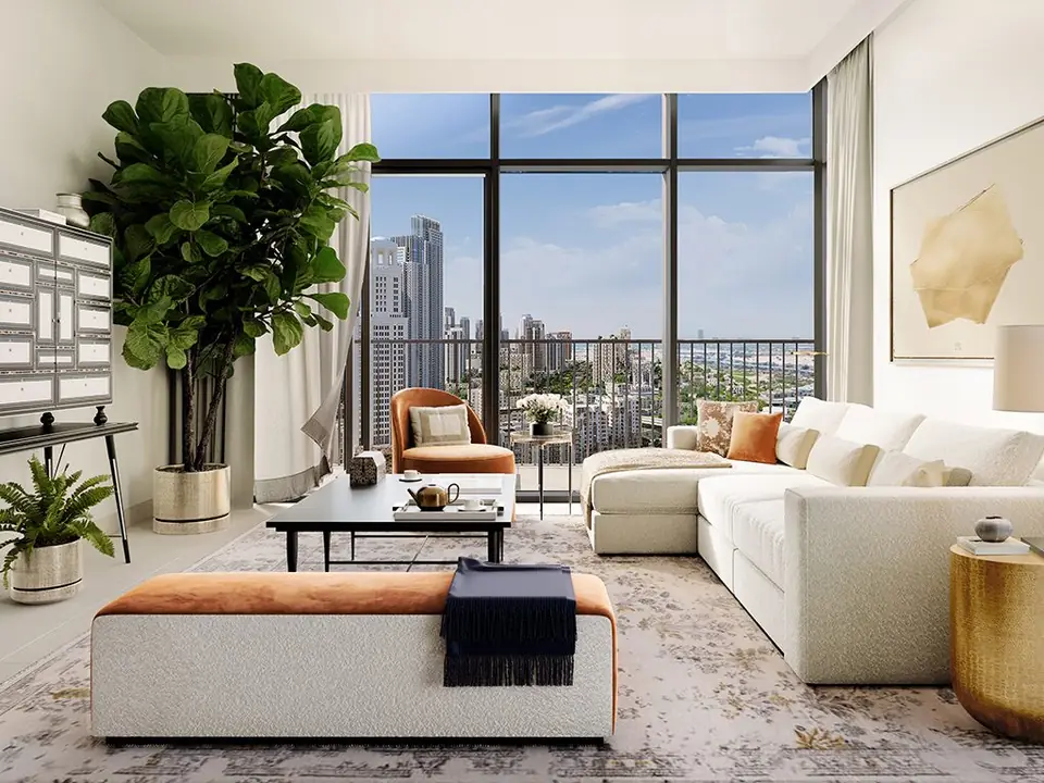 Palace Residences North — living room with skyline views, render (Emaar)