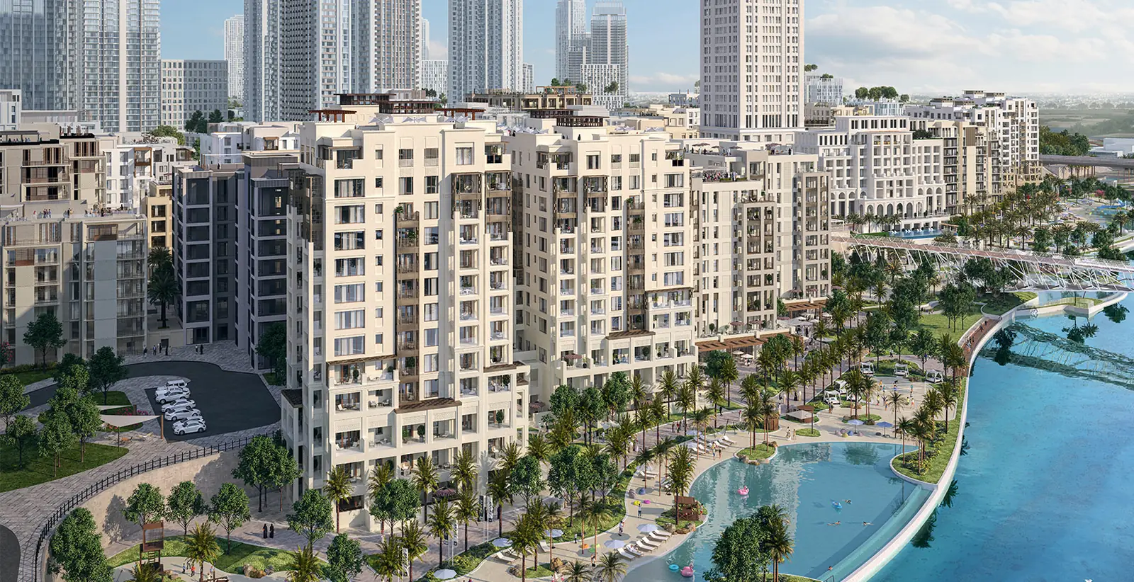 Rosewater — the homes along the lagoon at Creek Beach, aerial render (Emaar)