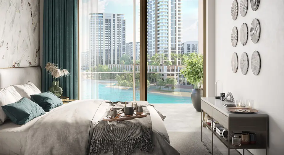 Rosewater — bedroom overlooking the lagoon, render (Emaar)