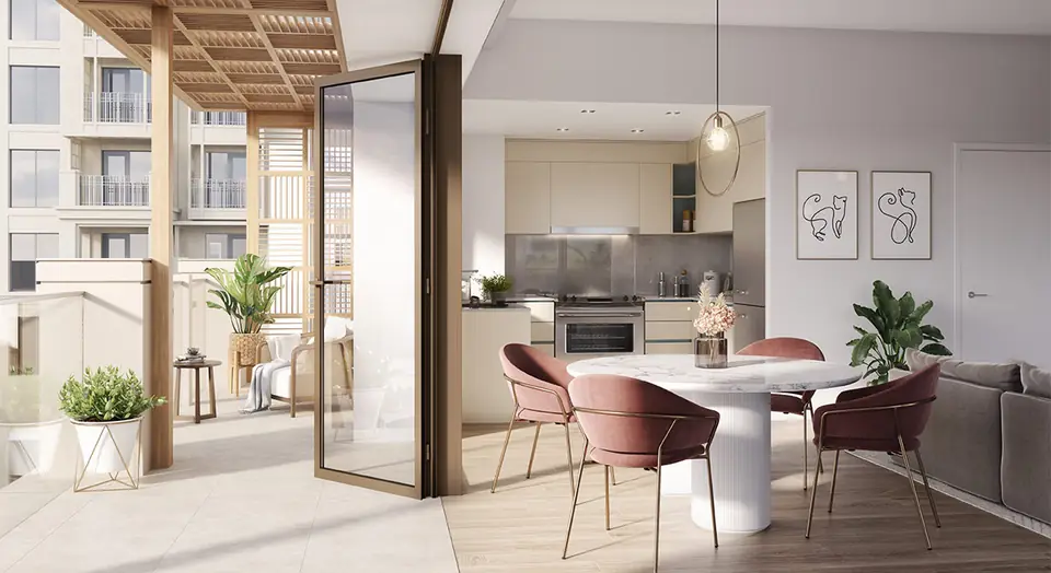 Rosewater — kitchen and dining area, render (Emaar)