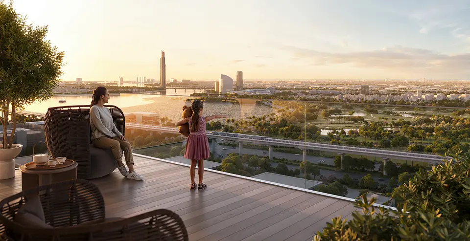 Silva — terrace at sunset over the park towards the Creek, render (Emaar)