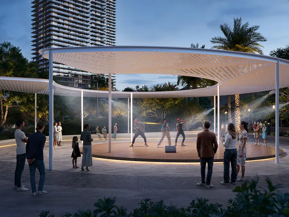 Silva — the community pavilion at dusk, render (Emaar)