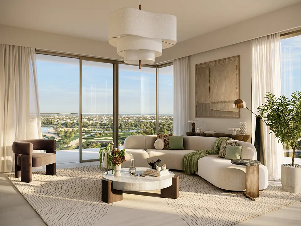 Silva — living room with park views, render (Emaar)