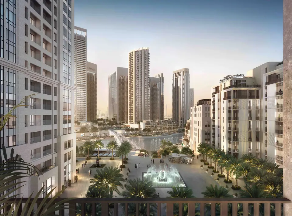 Surf — the park and fountains at dusk, render (Emaar)