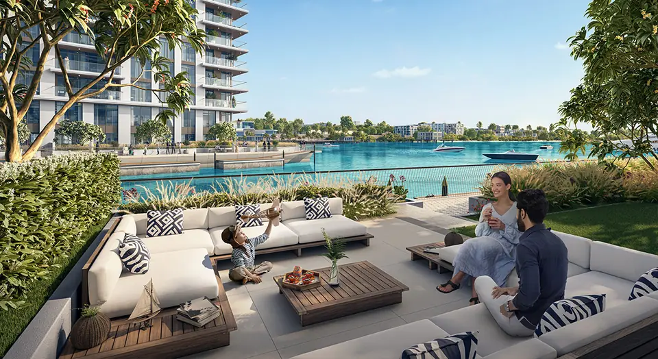 The Cove — terrace over the lagoon, render (Emaar)