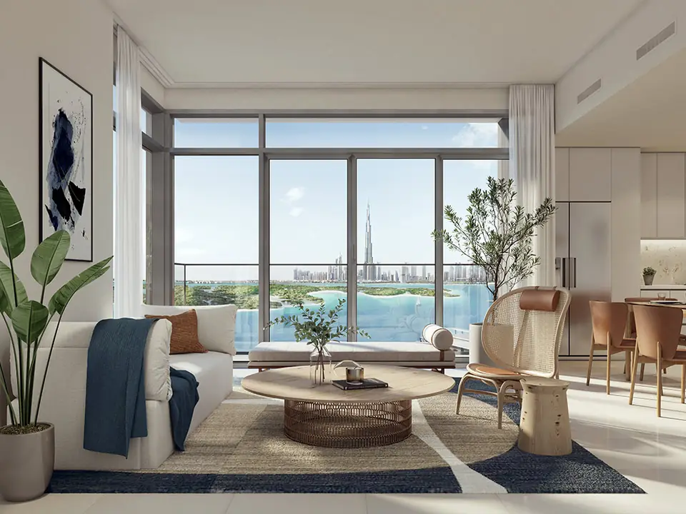 The Cove — living room with water views, render (Emaar)