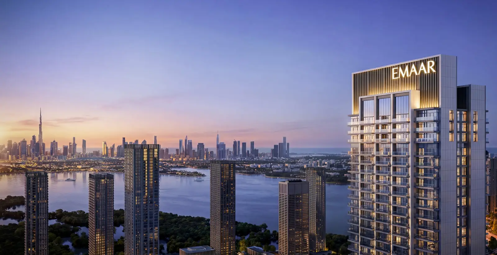 Valia — the tower at dusk with the Downtown skyline across the Creek, render (Emaar)