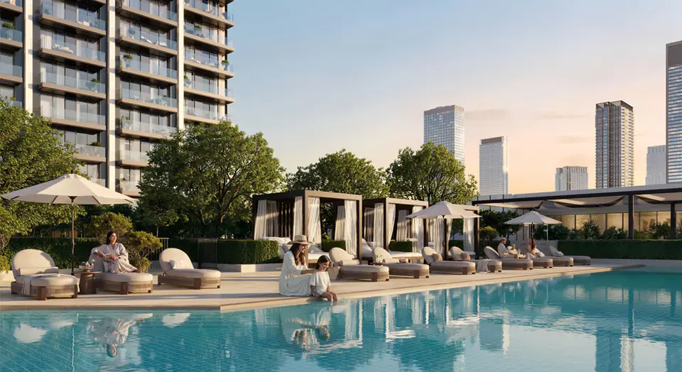 Valia — amenity-deck pool with cabanas, render (Emaar)