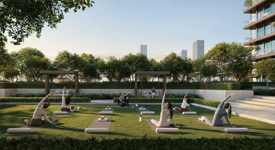 Valia — landscaped lawn for yoga and outdoor fitness, render (Emaar)