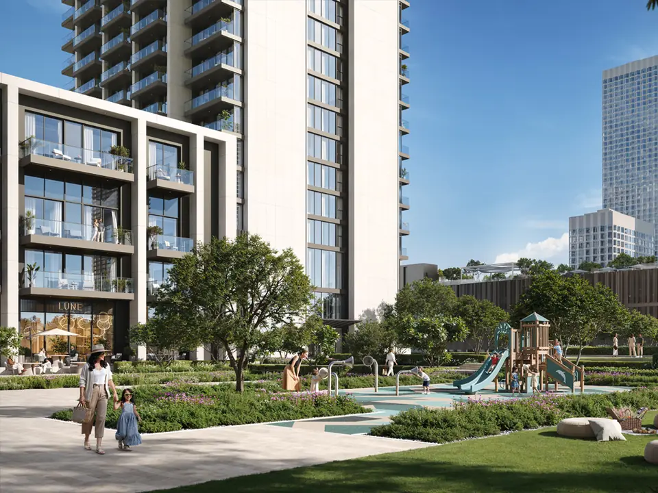 Valia — podium gardens and children's play area, render (Emaar)