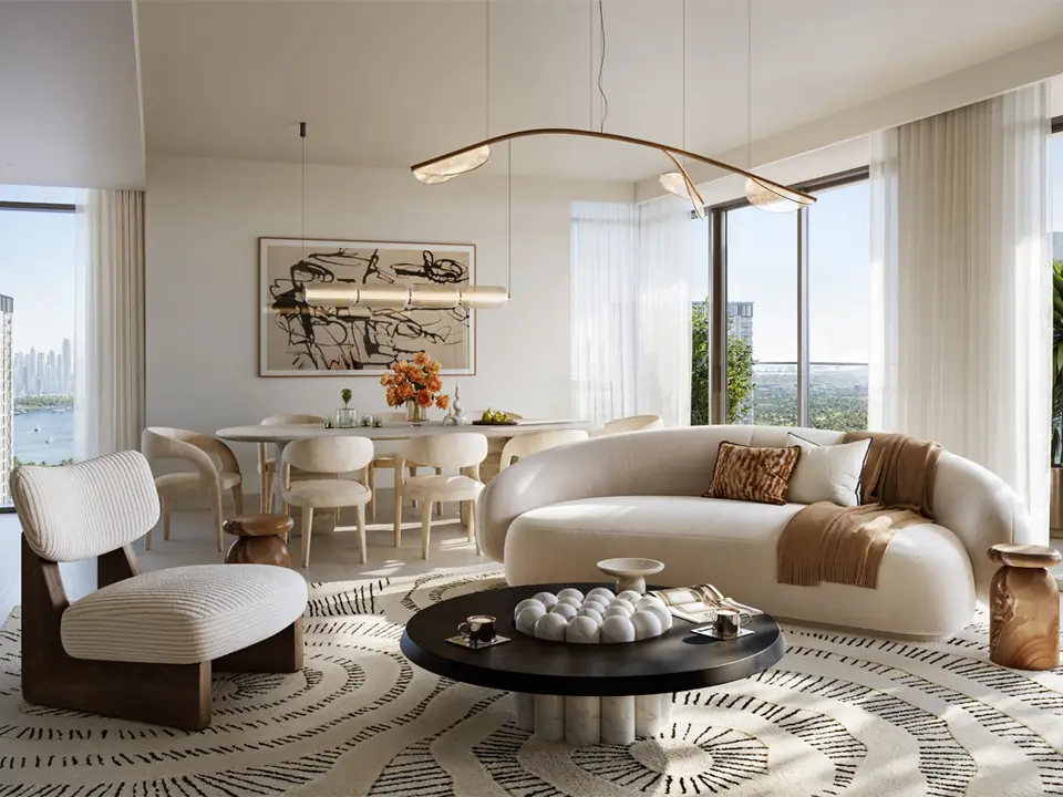 Valia — living and dining room, render (Emaar)