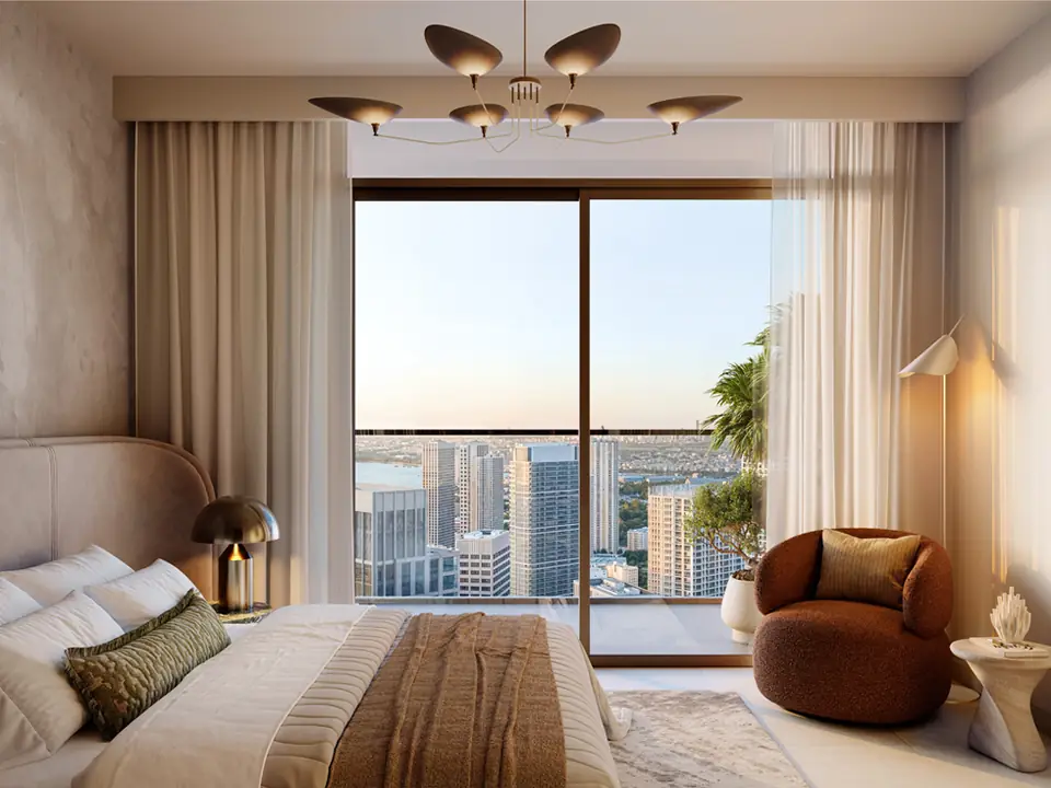 Valia — bedroom with skyline views, render (Emaar)