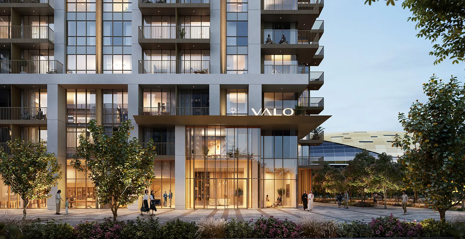 Valo — the residents' entrance at dusk, render (Emaar)