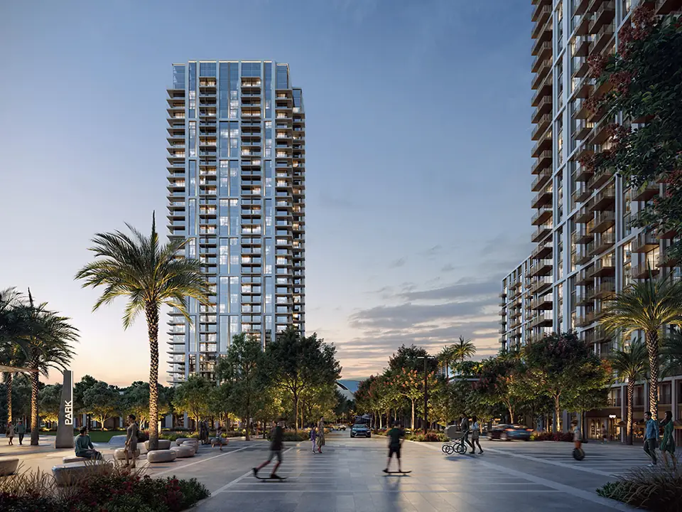 Valo — the tower above the neighbourhood plaza, render (Emaar)