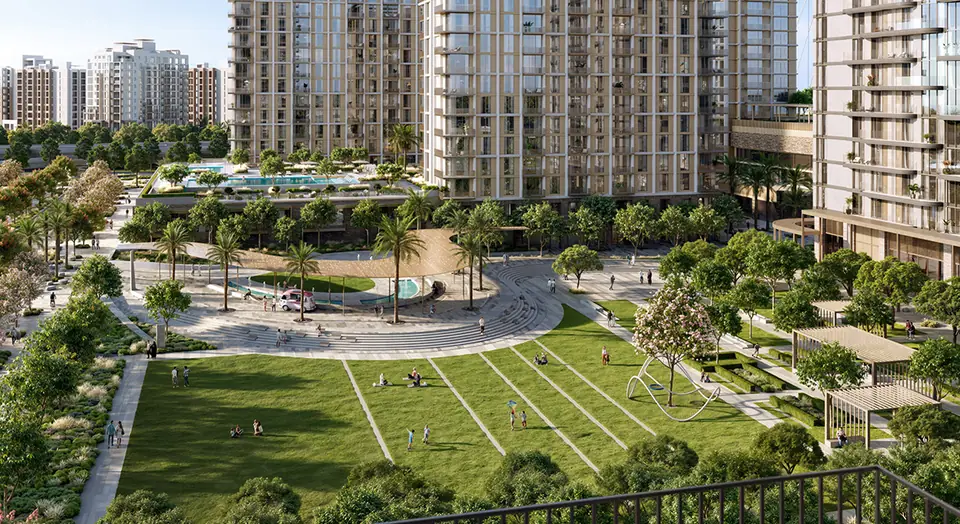 Valo — the sports park and lawns beside the tower, render (Emaar)