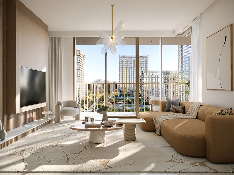 Valo — living room with park views, render (Emaar)