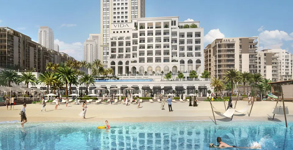 Vida Residences Creek Beach — the beach and lagoon below the residences, render (Emaar)