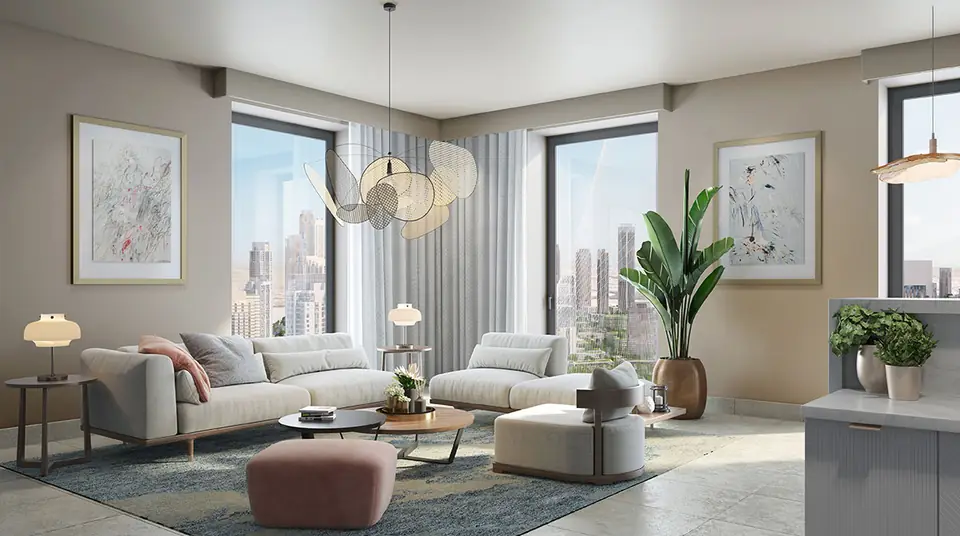 Vida Residences Creek Beach — living room, render (Emaar)
